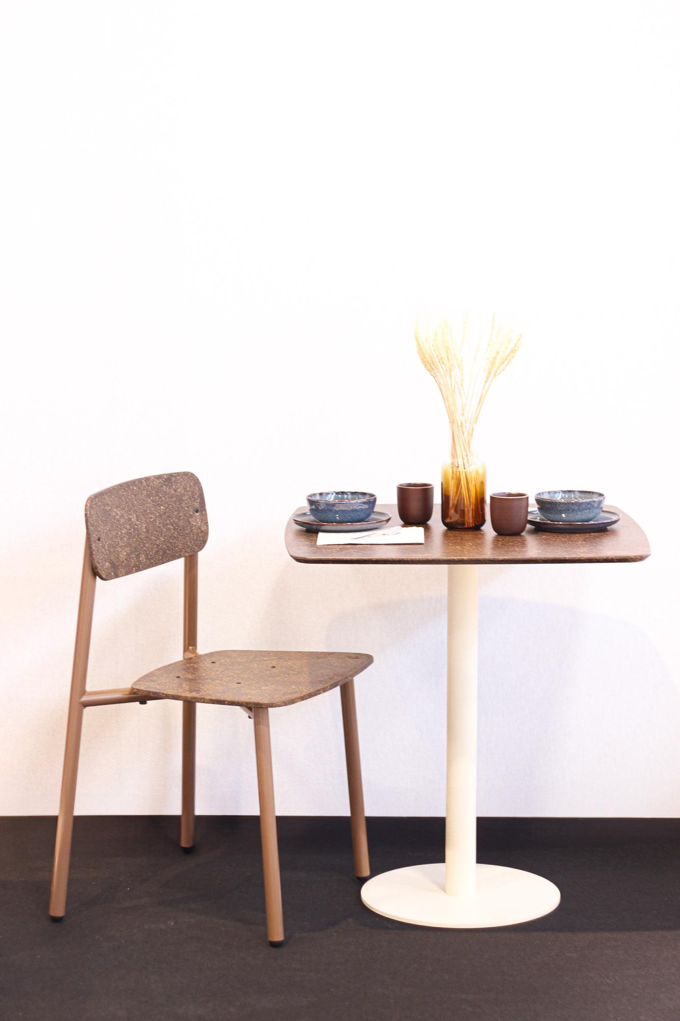 Cicero bio-based bistro table — brown Balt®, white legs, studio, Ella chair